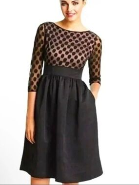ELIZA J Fit and Flate Black Polka Dot Mesh Bodice Dress with 3/4 Sleeve - 14